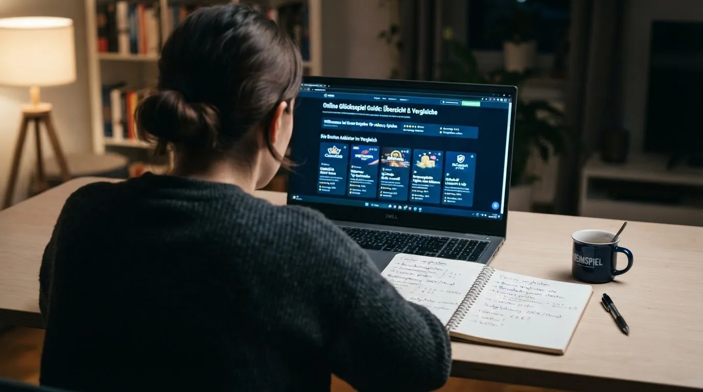 Person am Laptop liest eine Übersichtsseite zu Glücksspielen im Internet — 10 euro bonus ohne einzahlung casino