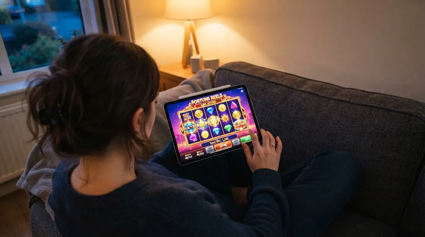 Person sitzt entspannt auf einem Sofa und blickt konzentriert auf ein Tablet in gedämpftem Wohnzimmerlicht am Abend.