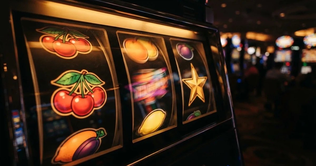 Nahaufnahme bunt beleuchteter Spielautomaten-Walzen mit Frucht- und Stern-Symbolen in einem dunklen Casino-Saal.
