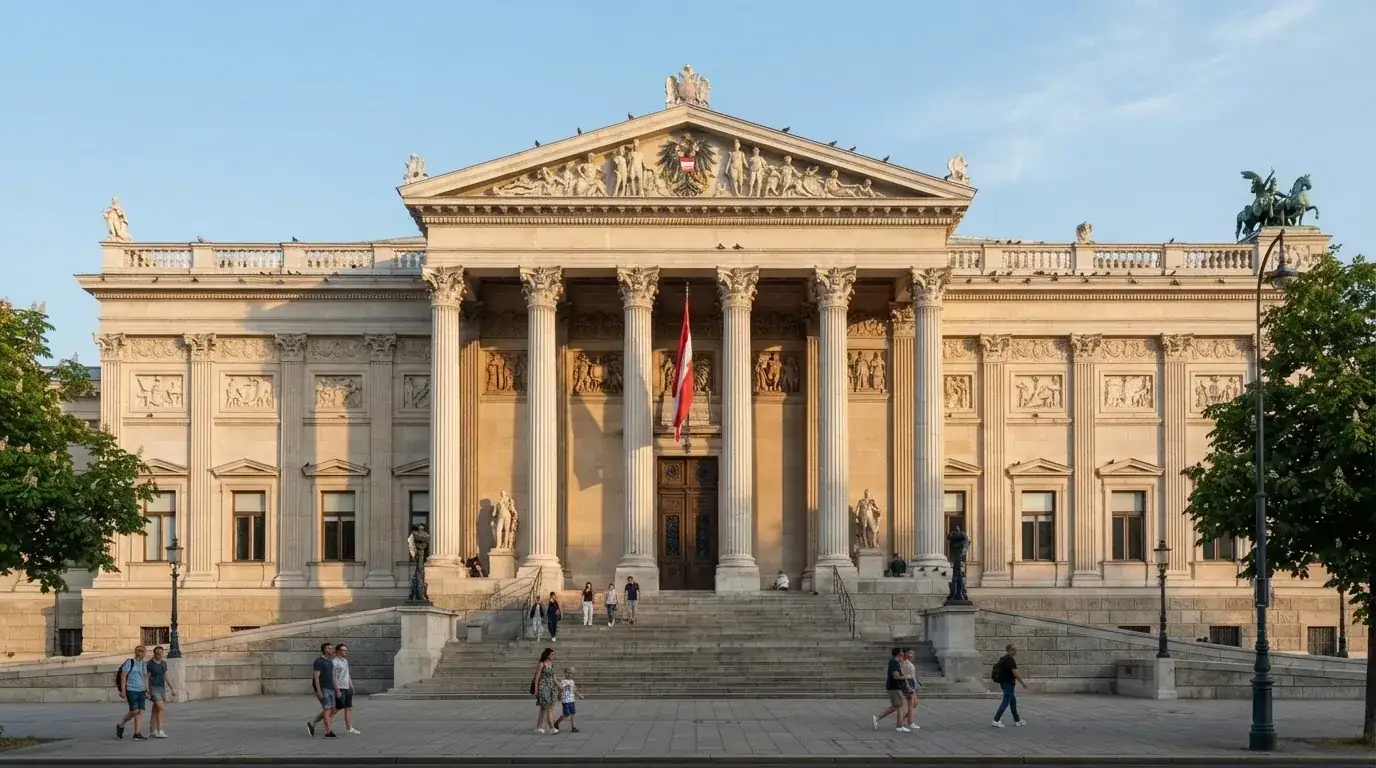 Fassade eines klassizistischen Wiener Amtsgebäudes mit österreichischer Flagge an einem klaren Nachmittag.