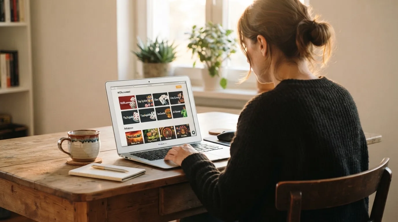 Person am Laptop liest eine Übersichtsseite zu Glücksspielen im Internet — 15 euro bonus ohne einzahlung casino