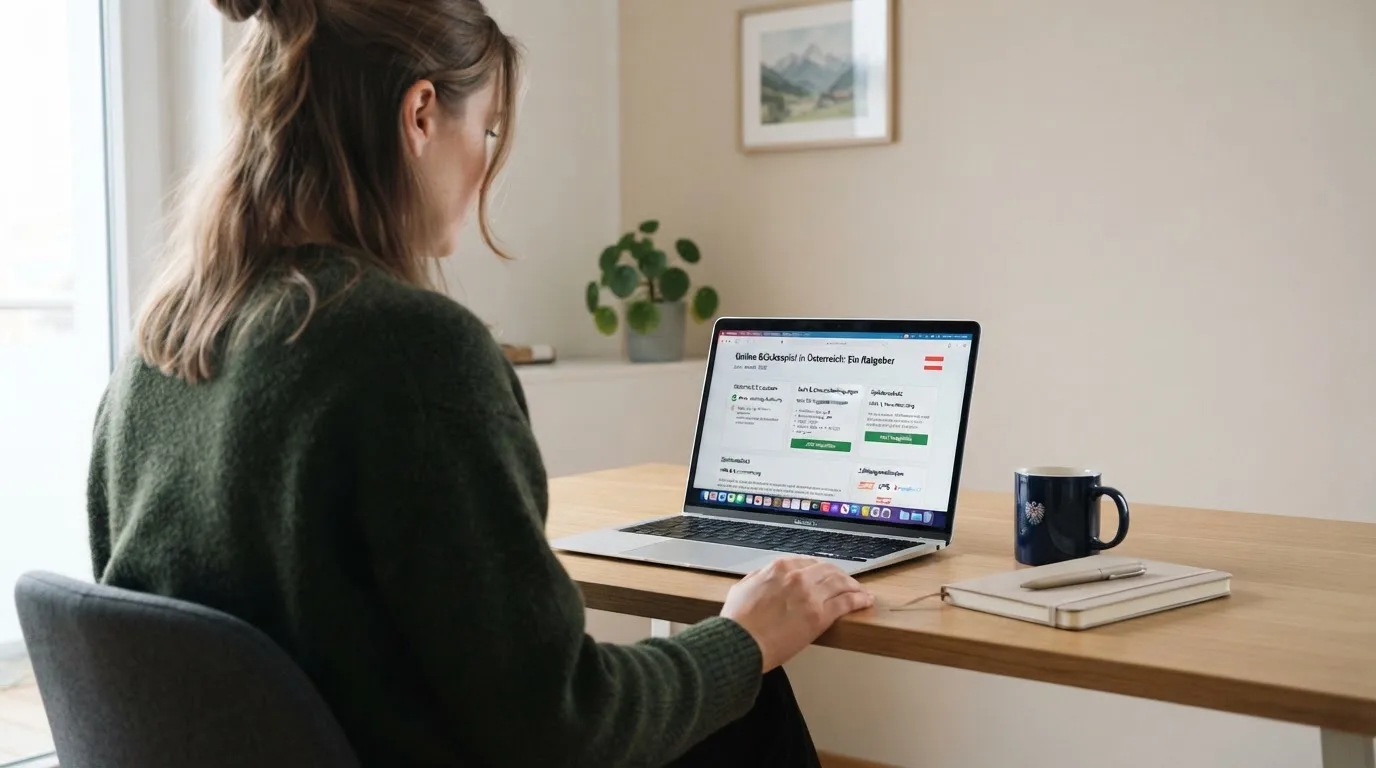 Person am Laptop liest eine Übersichtsseite zu Glücksspielen im Internet — 150 freispiele ohne einzahlung