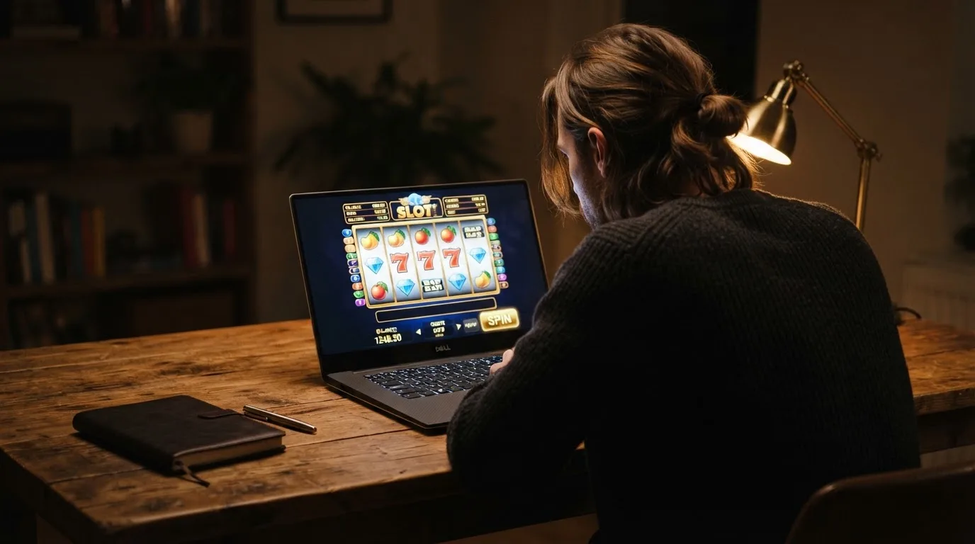 Person am Laptop liest eine Übersichtsseite zu Glücksspielen im Internet — 20 freispiele ohne einzahlung