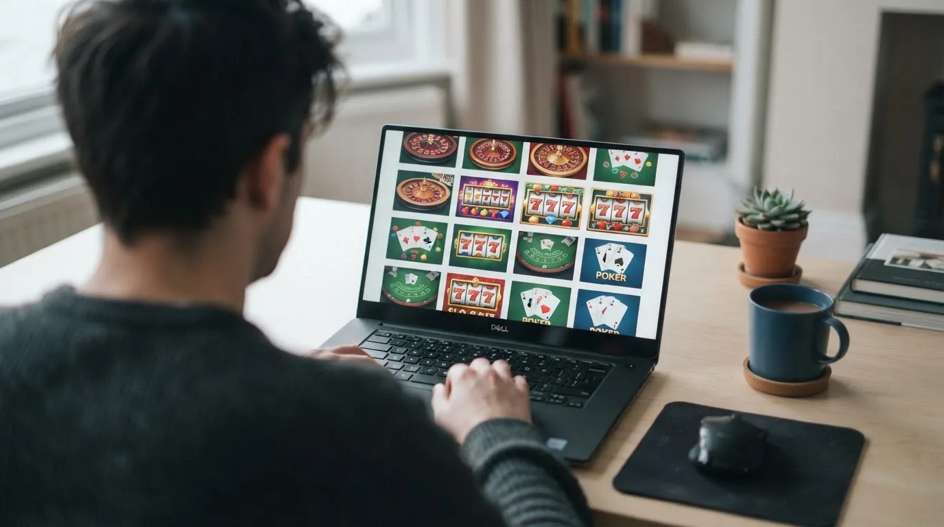 Person am Laptop liest eine Übersichtsseite zu Glücksspielen im Internet — 30 euro bonus ohne einzahlung casino