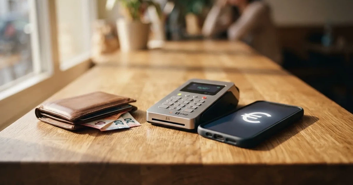 Kartenterminal und Smartphone auf einem Holztisch neben einer Geldbörse — 30 euro bonus ohne einzahlung casino