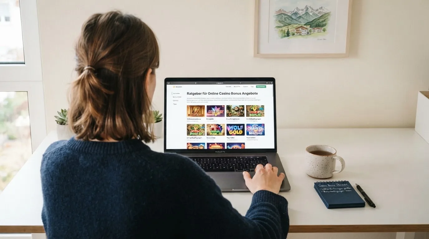 Person am Laptop liest eine Übersichtsseite zu Glücksspielen im Internet — 5 euro bonus ohne einzahlung casino