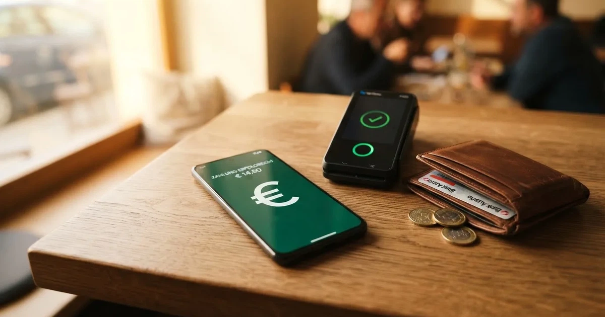 Kartenterminal und Smartphone auf einem Holztisch neben einer Geldbörse — 5 euro bonus ohne einzahlung casino