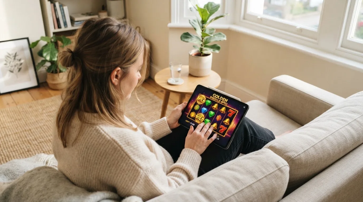 Person sitzt entspannt mit einem Tablet auf dem Schoß in einem hellen Wohnzimmer und blickt konzentriert auf den Bildschirm.
