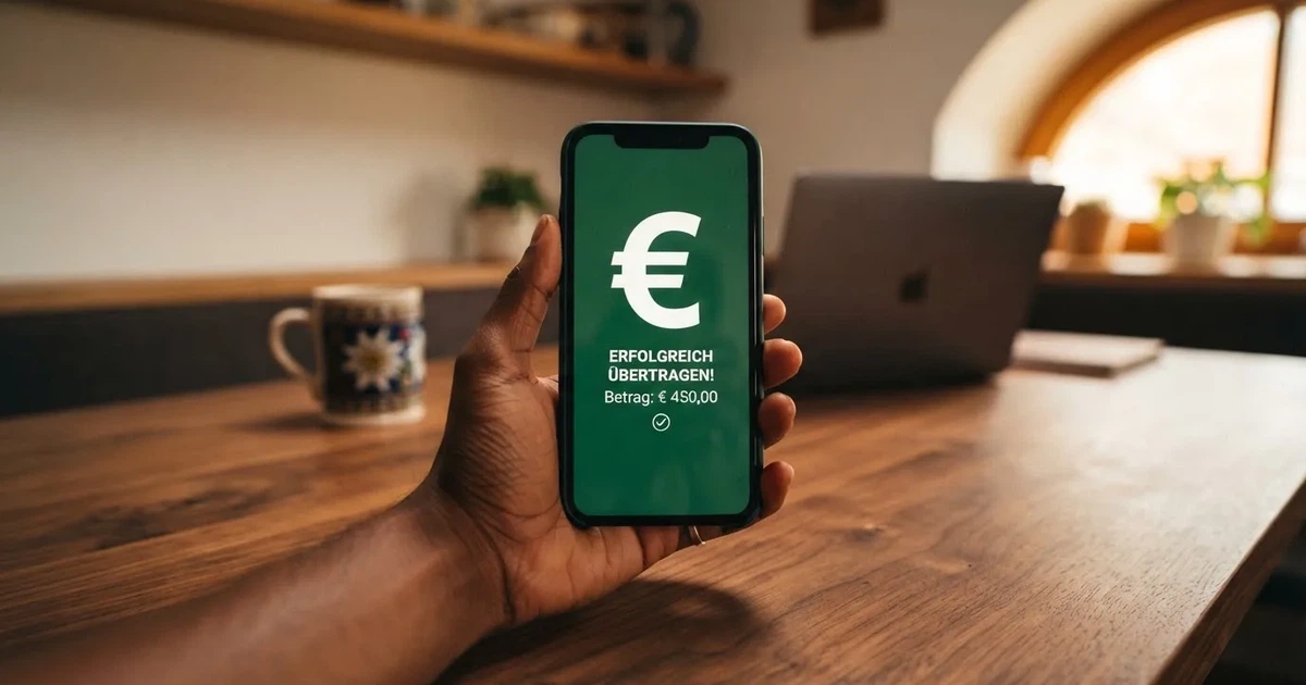 Nahaufnahme einer Hand, die eine Bankkarte in ein Kartenlesegerät neben einem Laptop auf einem Holztisch steckt.