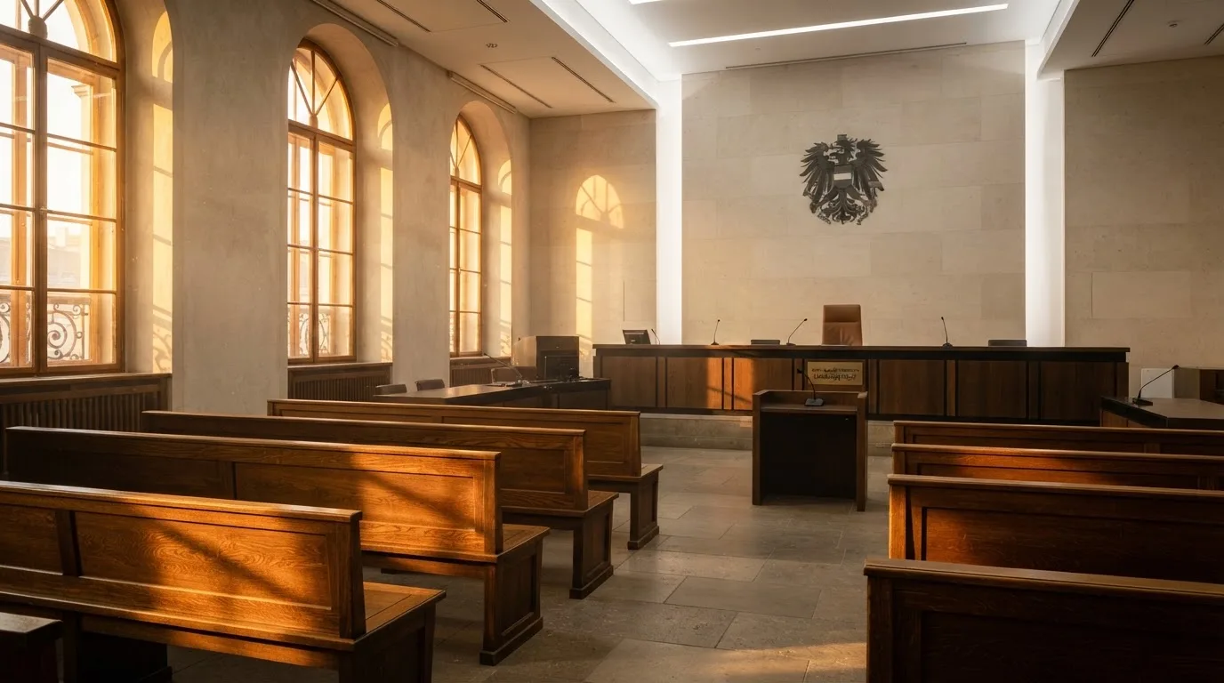 Innenansicht eines modernen Gerichtssaals mit leeren Holzbänken und hohen Fenstern, durch die Nachmittagslicht fällt.