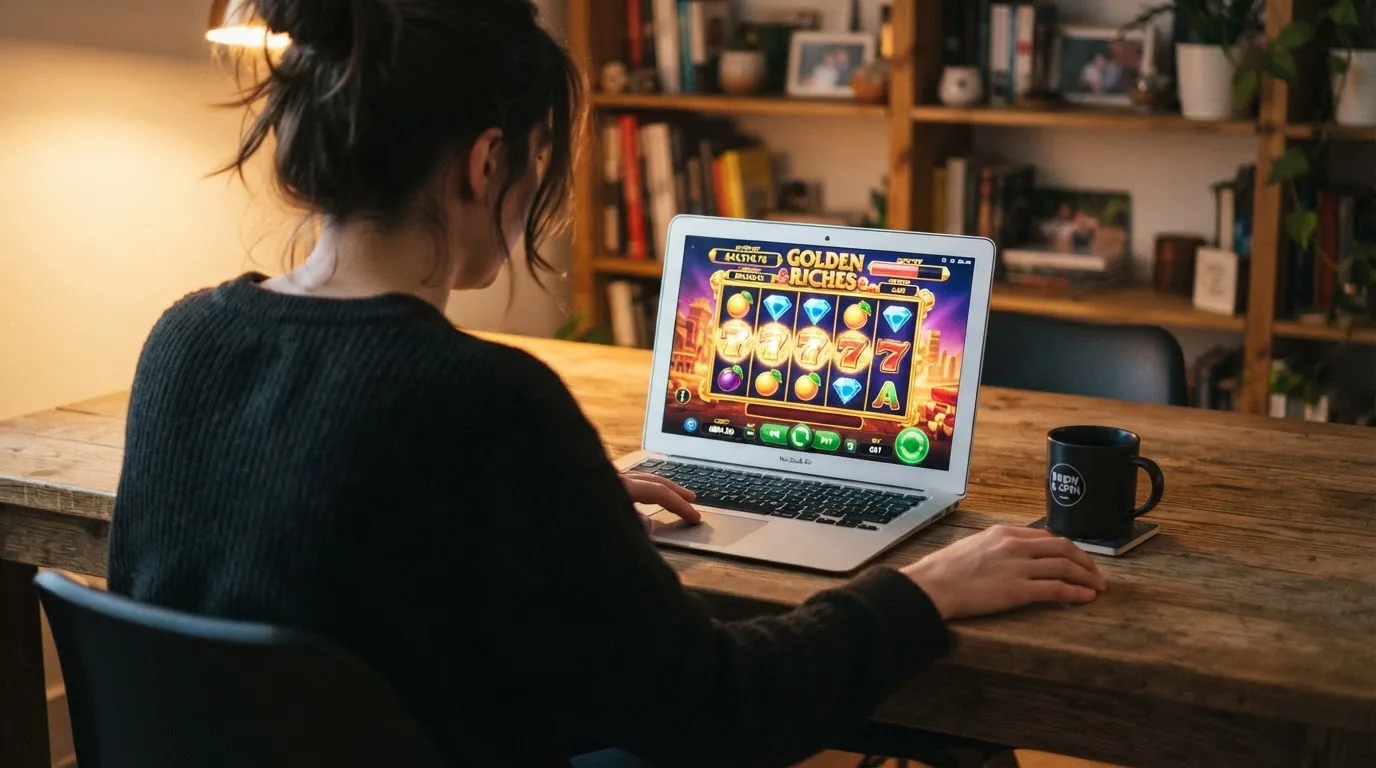 Person am Laptop liest eine Übersichtsseite zu Glücksspielen im Internet — aviator online casino