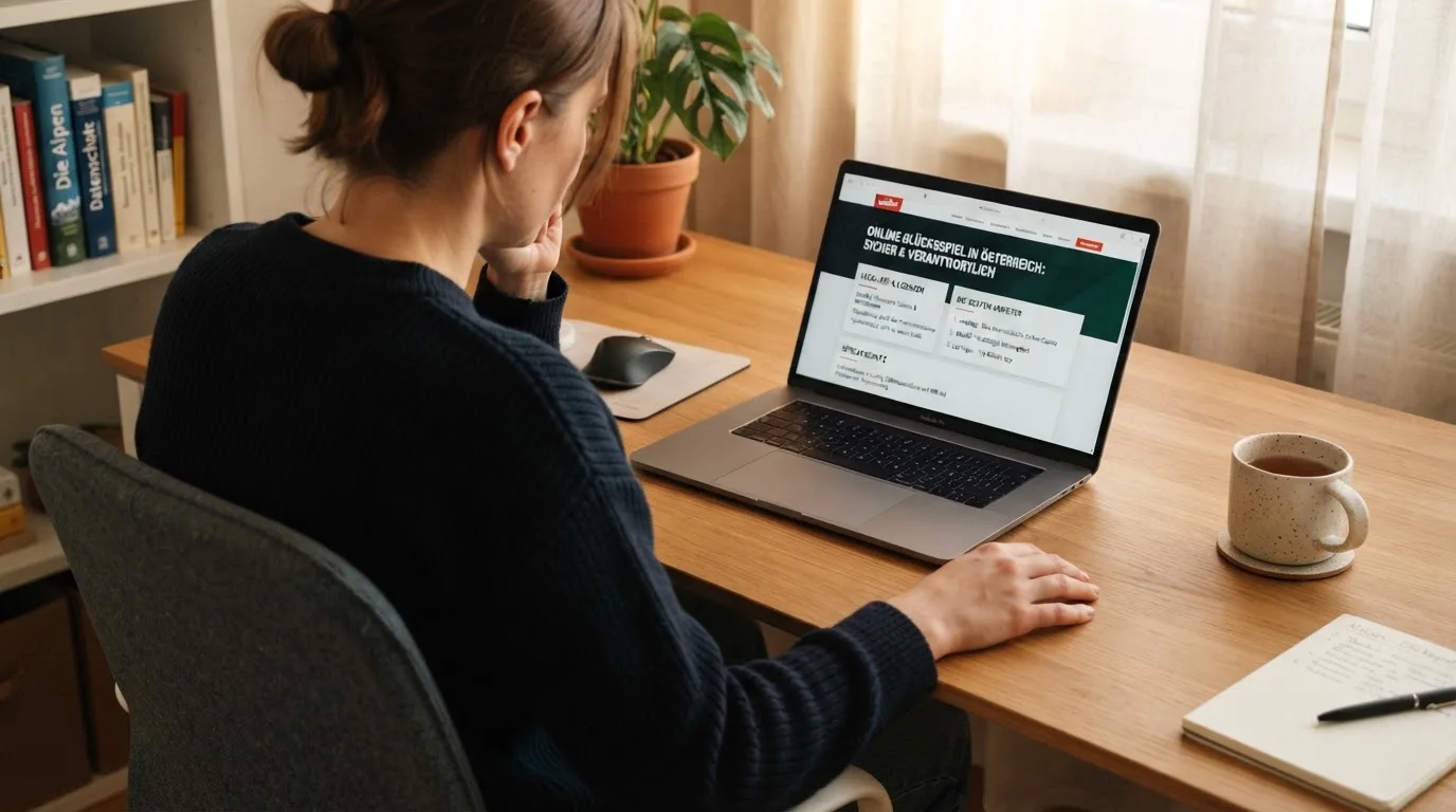 Person am Laptop liest eine Übersichtsseite zu Glücksspielen im Internet — best crypto casino österreich