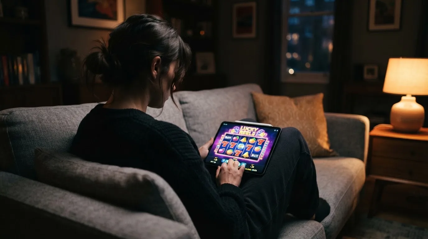 Person sitzt entspannt auf einem Sofa und blickt konzentriert auf ein Tablet in gedämpftem Wohnzimmerlicht am Abend.