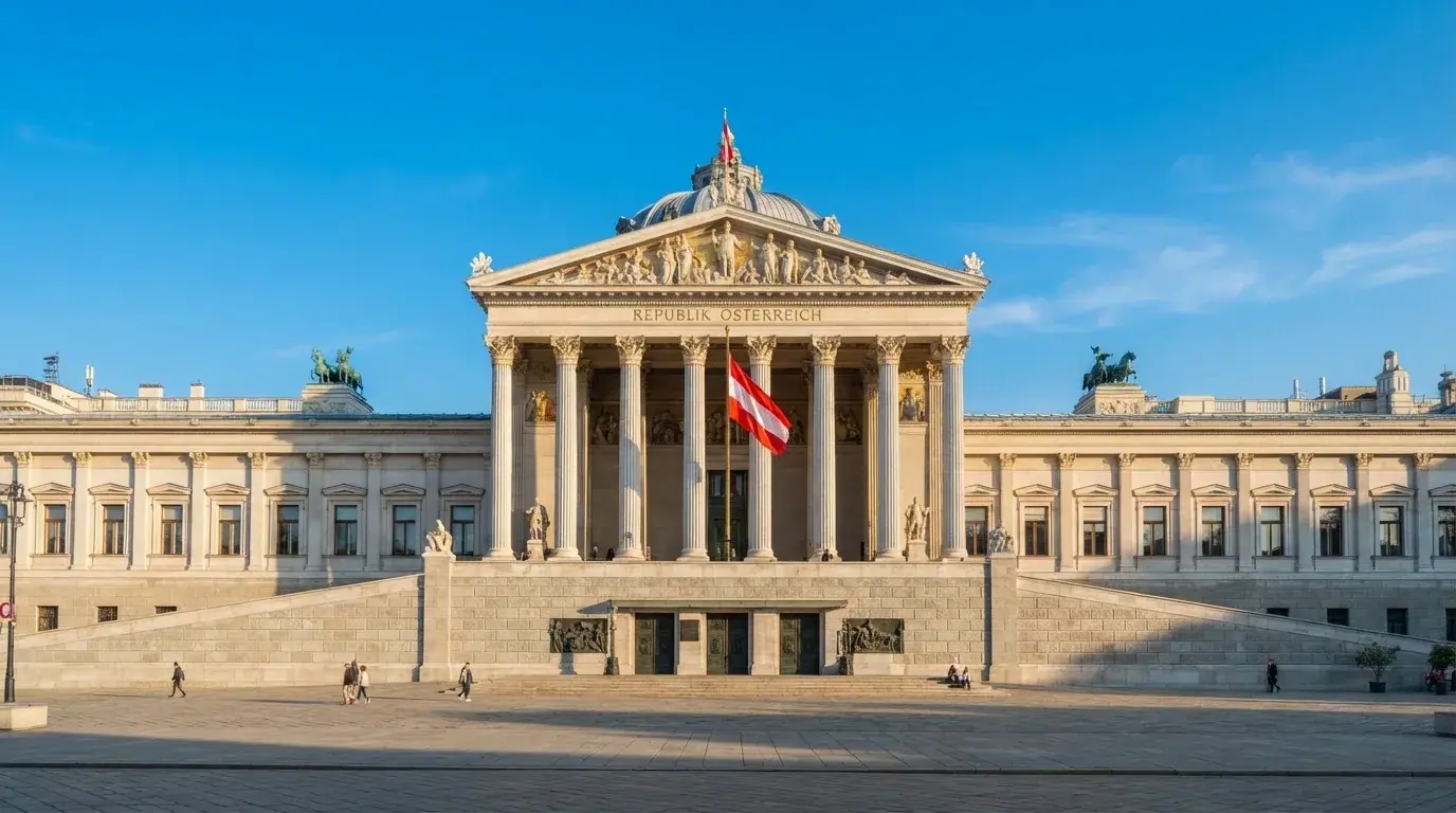 Fassade eines klassizistischen Wiener Amtsgebäudes mit österreichischer Flagge an einem klaren Nachmittag.