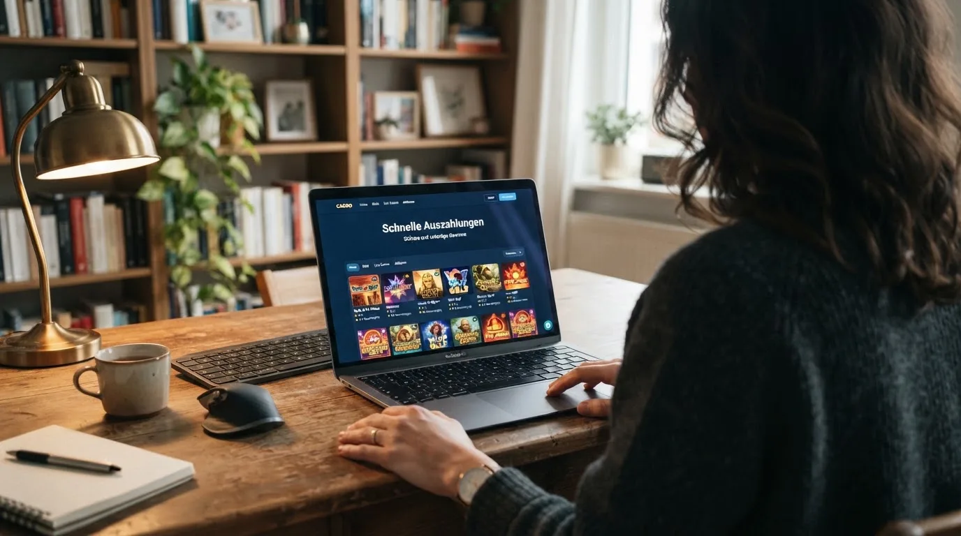 Person am Laptop liest eine Übersichtsseite zu Glücksspielen im Internet — beste casino mit schneller auszahlung