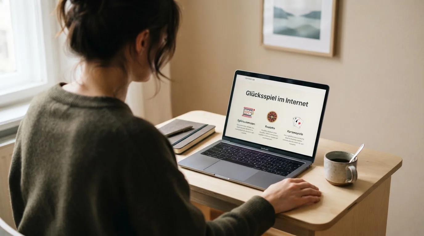 Person am Laptop liest eine Übersichtsseite zu Glücksspielen im Internet — beste casino ohne verifizierung auszahlen