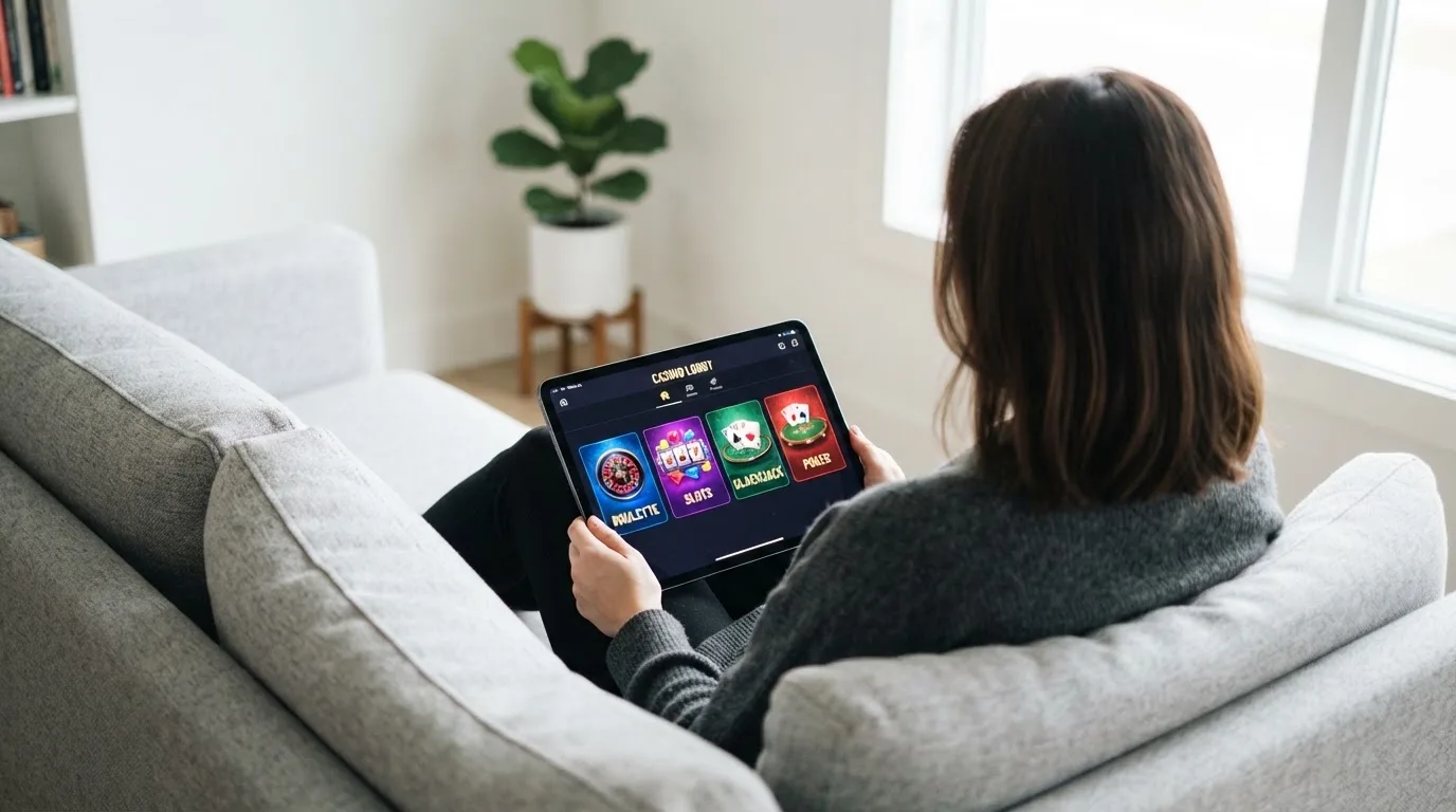 Person sitzt entspannt mit einem Tablet auf dem Schoß in einem hellen Wohnzimmer.