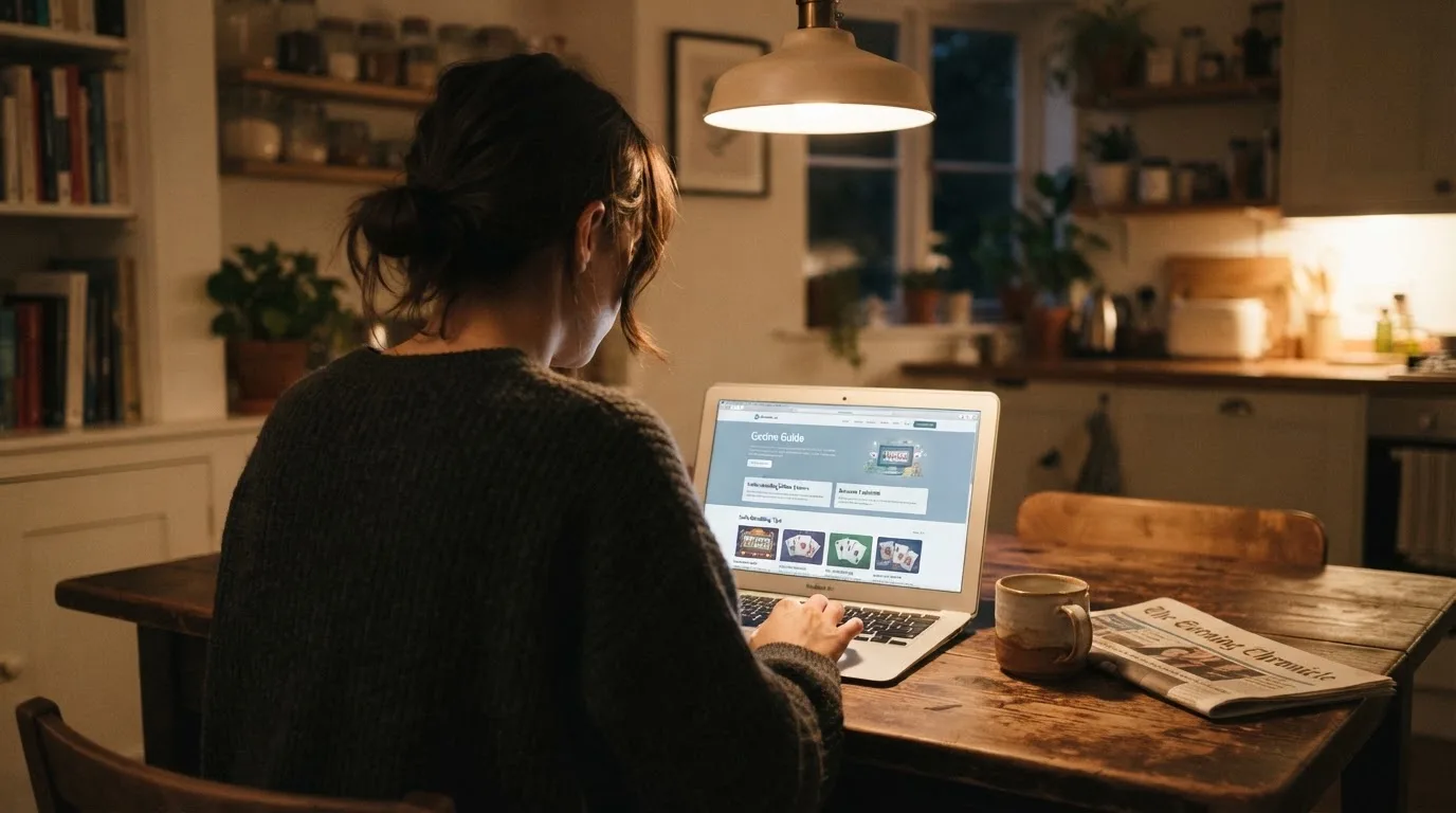 Person am Laptop liest eine Übersichtsseite zu Glücksspielen im Internet — beste online casino ausland