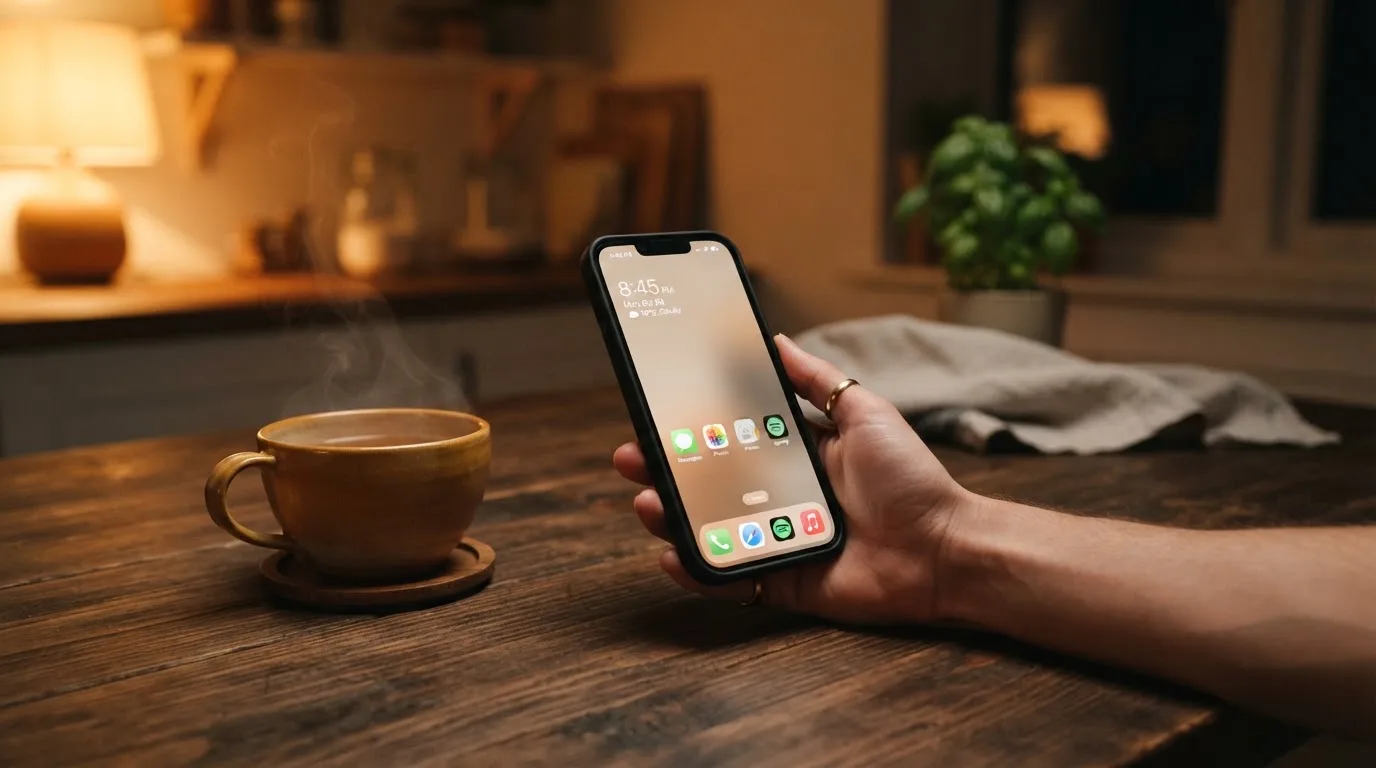 Hand hält ein Smartphone, daneben eine Tasse Tee, ruhige Abendstimmung am Küchentisch — beste online casino ausland