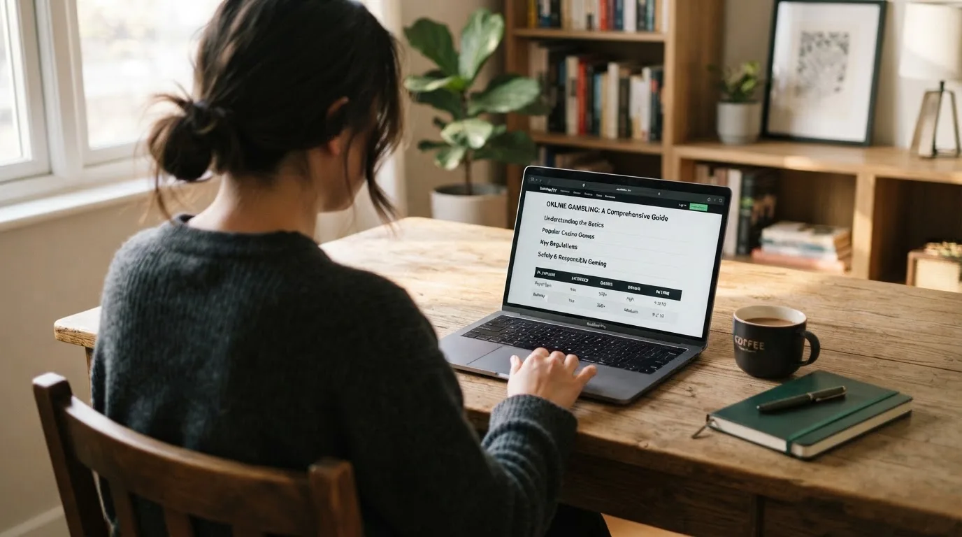 Person am Laptop liest eine Übersichtsseite zu Glücksspielen im Internet — beste online casino echtgeld app