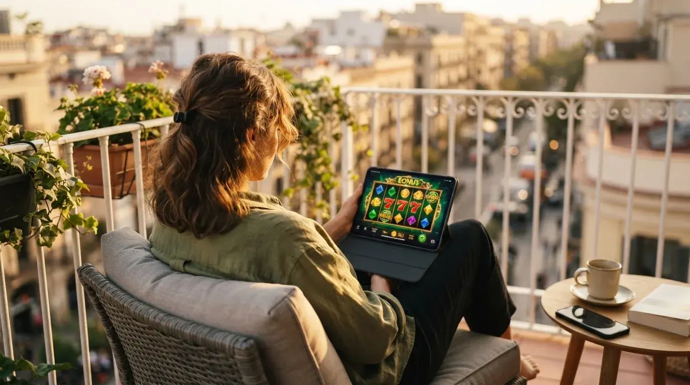 Person sitzt entspannt mit einem Tablet auf dem Balkon eines modernen Apartments.