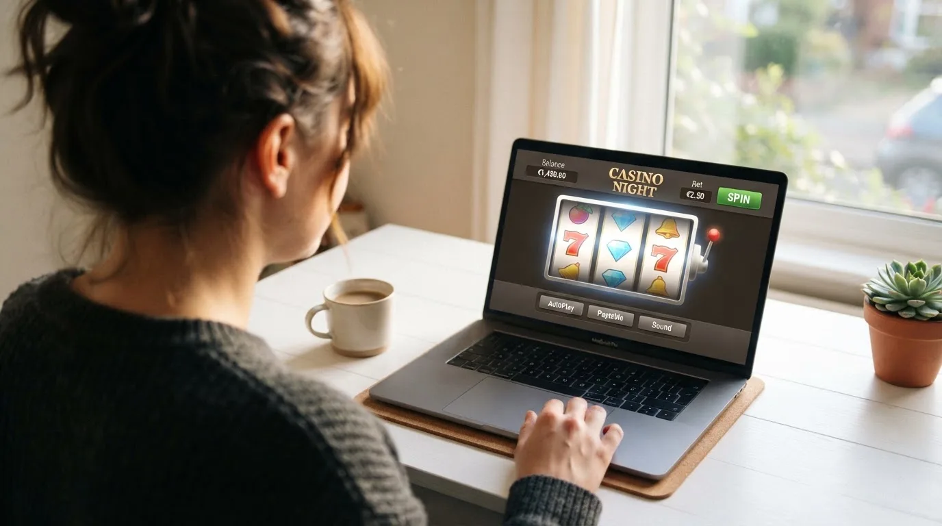 Person am Laptop liest eine Übersichtsseite zu Glücksspielen im Internet — beste online casino mit banküberweisung bezahlen
