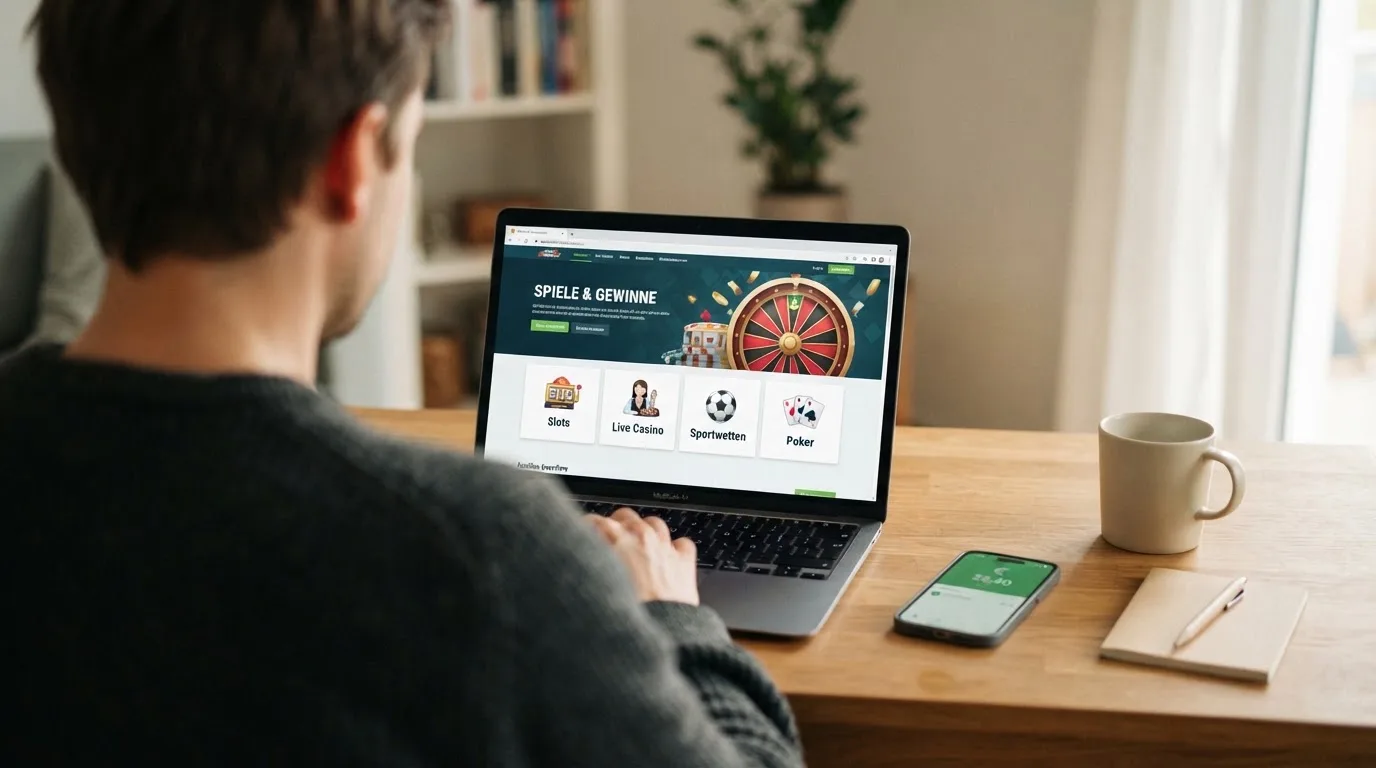 Person am Laptop liest eine Übersichtsseite zu Glücksspielen im Internet — beste online casino mit cashtocode bezahlen
