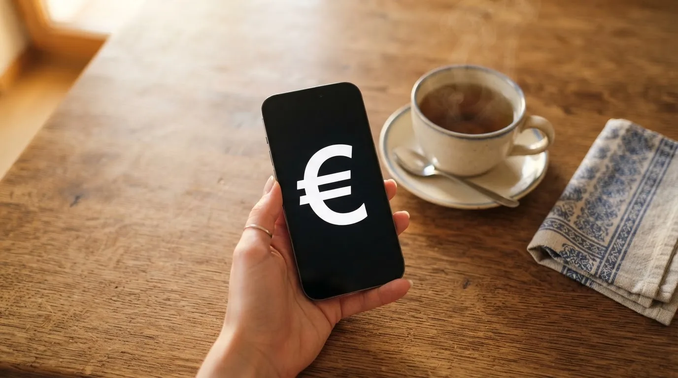 Hand hält ein Smartphone, daneben eine Tasse Tee, ruhige Abendstimmung am Küchentisch — beste online casino österreich