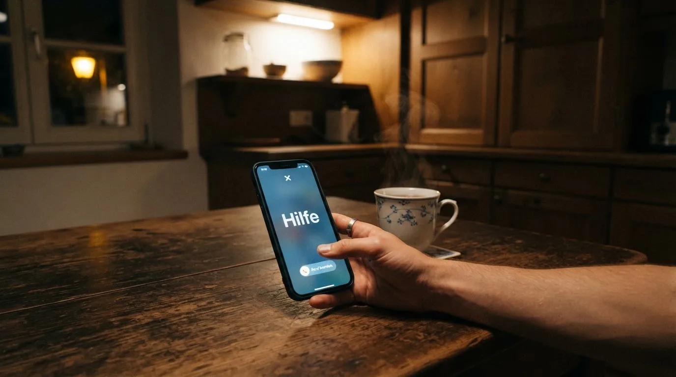 Hand hält ein Smartphone, daneben eine Tasse Tee, ruhige Abendstimmung am Küchentisch — beste online casinos echtgeld