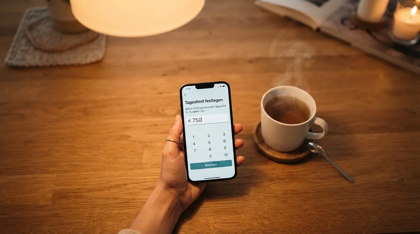 Hand hält ein Smartphone, daneben eine Tasse Tee, ruhige Abendstimmung am Küchentisch — beste online casinos mit österreichischer lizenz