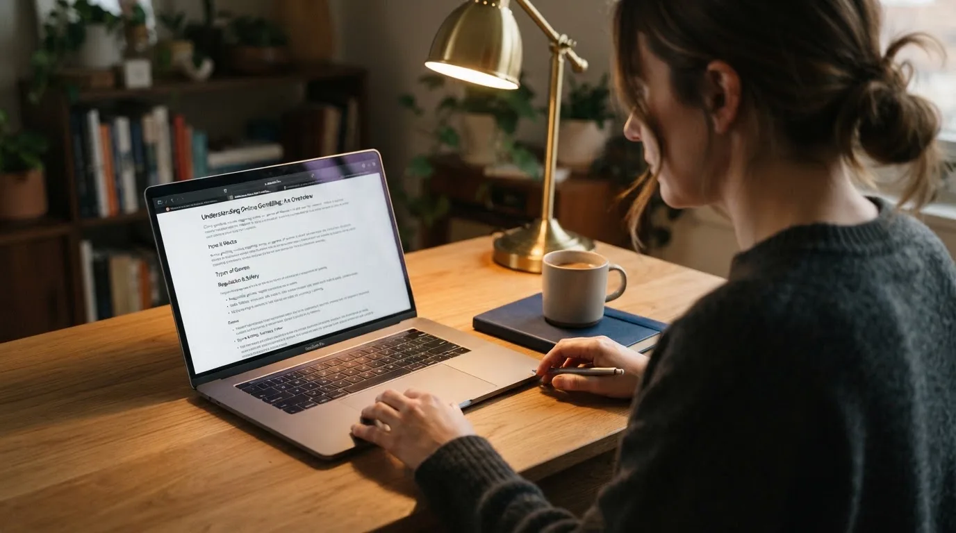 Person am Laptop liest eine Übersichtsseite zu Glücksspielen im Internet — beste online casinos österreich mit no deposit bonus