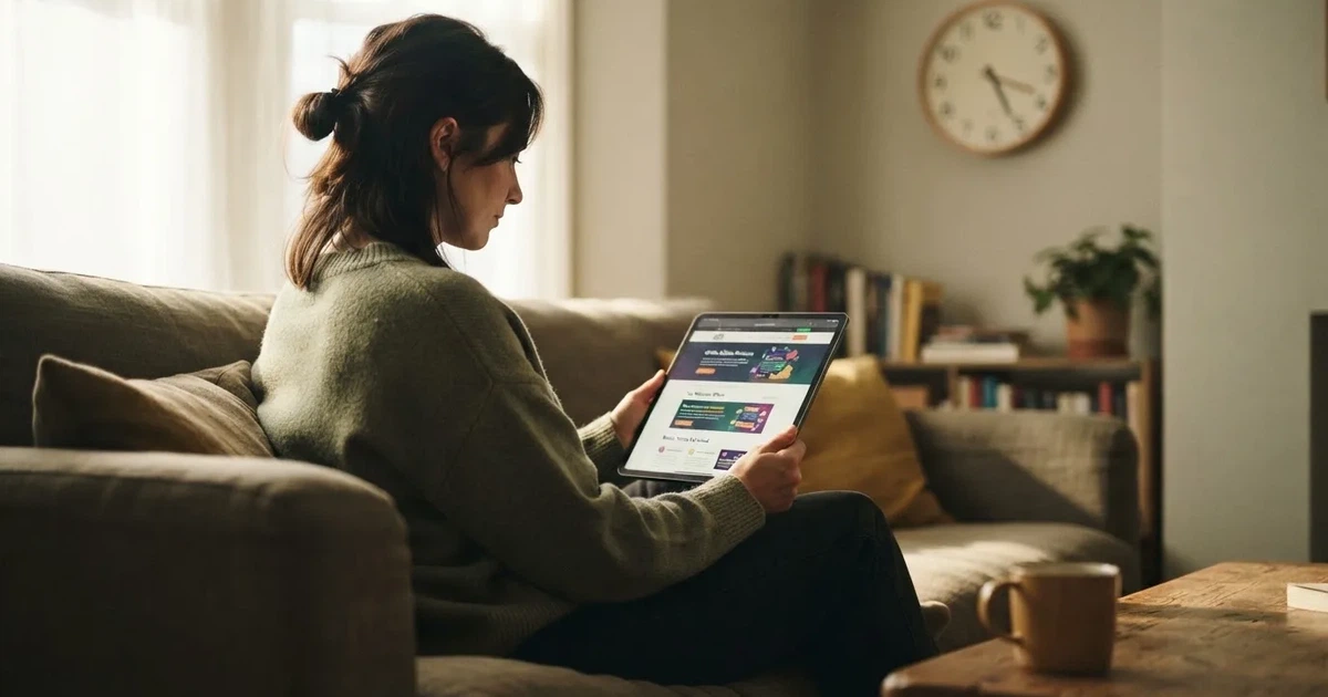 Person am Sofa schaut nachdenklich auf ein Tablet, im Hintergrund eine Uhr — beste online casinos österreich mit no deposit bonus