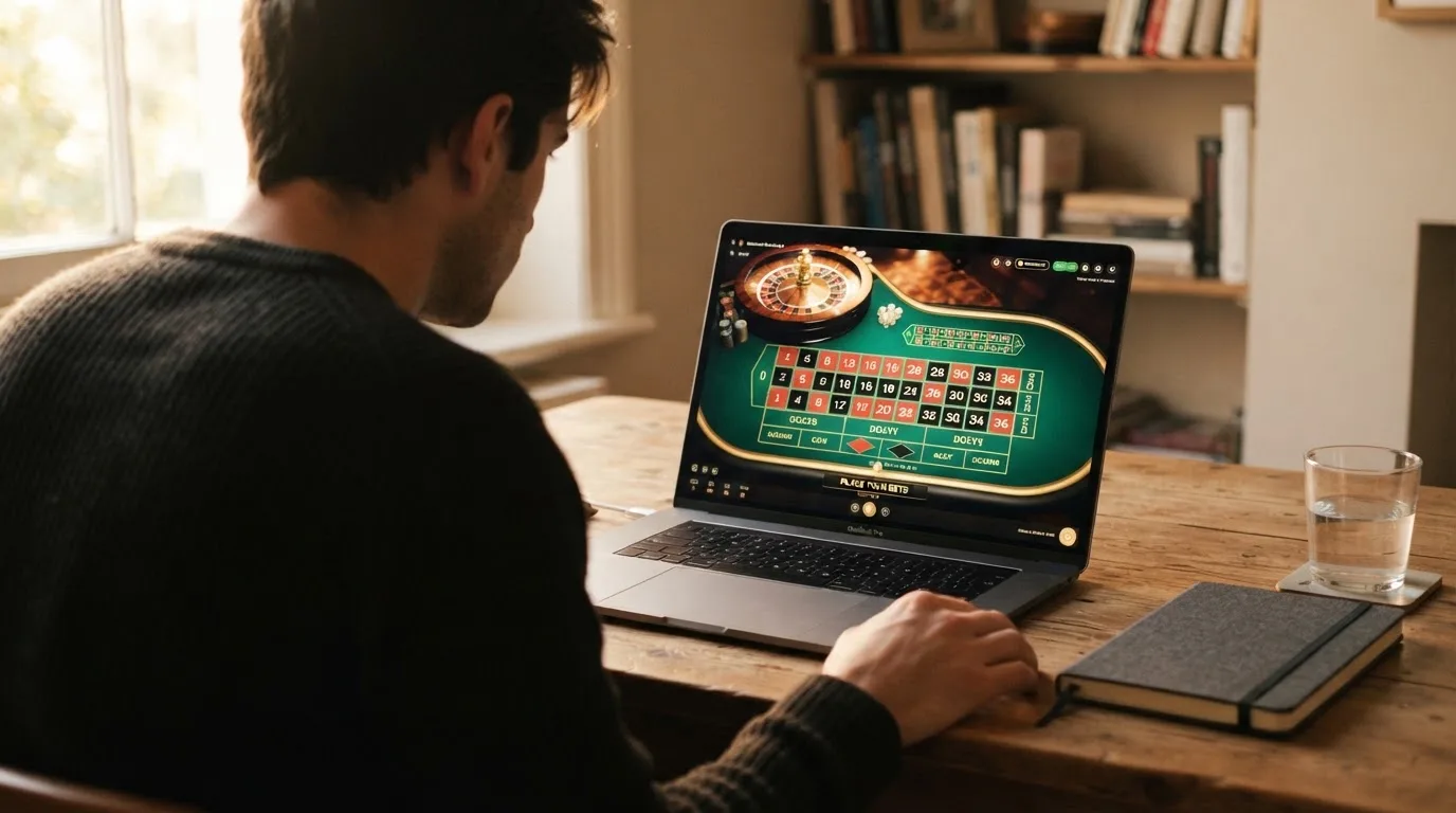 Person am Laptop liest eine Übersichtsseite zu Glücksspielen im Internet — beste online casinos ohne limit