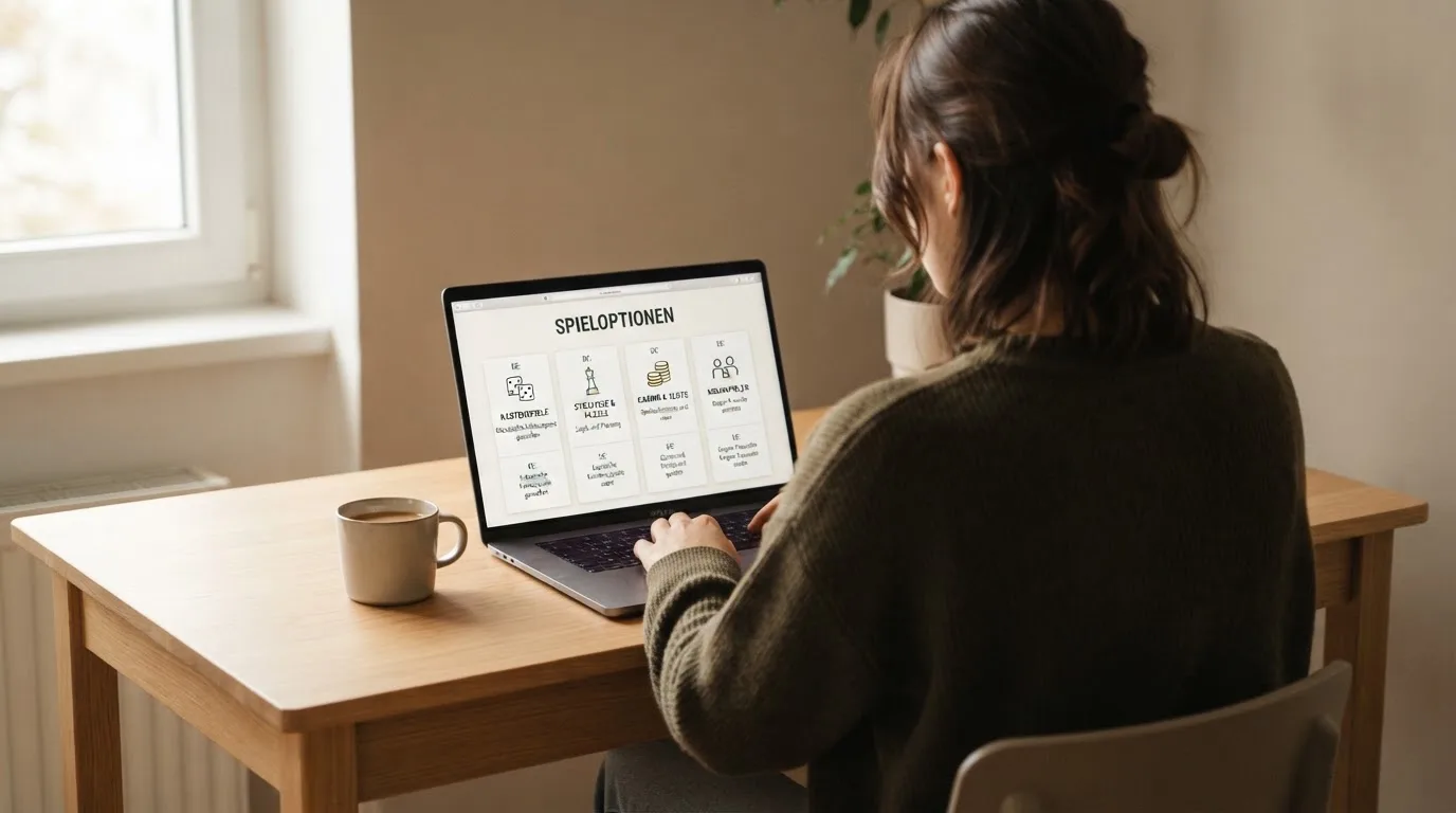 Person am Laptop liest eine Übersichtsseite zu Glücksspielen im Internet — beste online casinos ohne verifizierung
