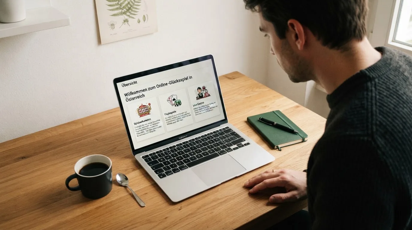 Person am Laptop liest eine Übersichtsseite zu Glücksspielen im Internet — bester willkommensbonus online casino