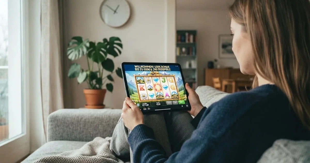 Person am Sofa schaut nachdenklich auf ein Tablet, im Hintergrund eine Uhr — bester willkommensbonus online casino