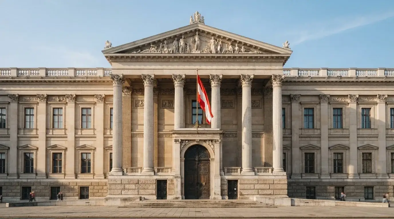 Fassade eines klassizistischen Wiener Amtsgebäudes mit österreichischer Flagge an einem klaren Nachmittag.