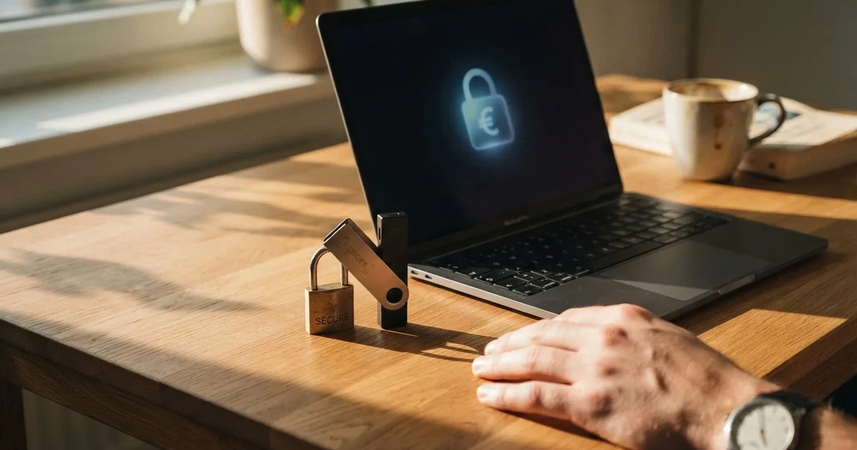 Hardware-Wallet und Laptop auf einem Schreibtisch mit stilisiertem digitalem Schloss — binance coin casino vergleich
