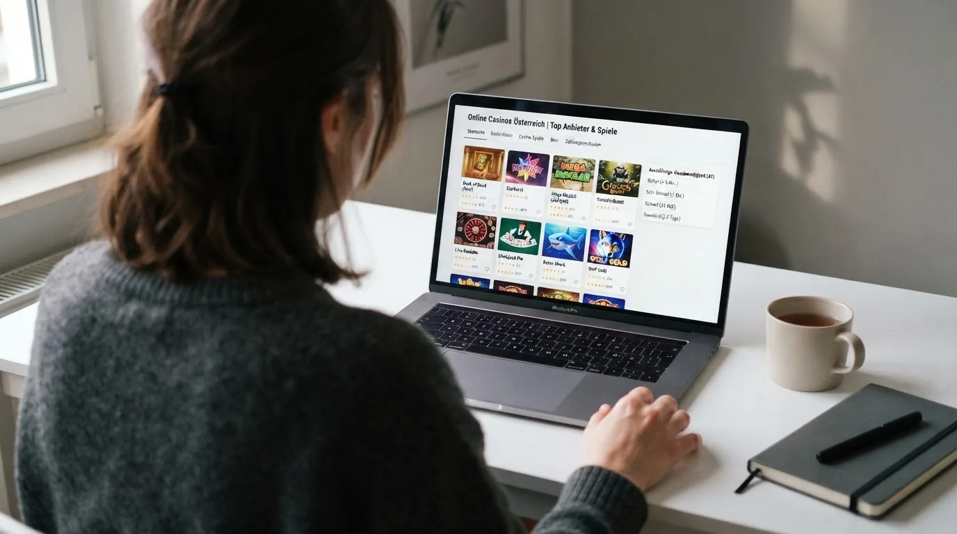 Person am Laptop liest eine Übersichtsseite zu Glücksspielen im Internet — bitcoin cash casino vergleich