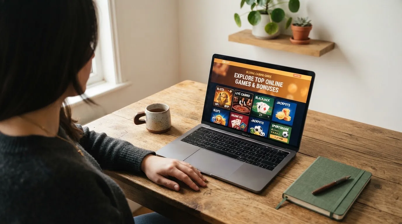 Person am Laptop liest eine Übersichtsseite zu Glücksspielen im Internet — casino bonus ohne einzahlung