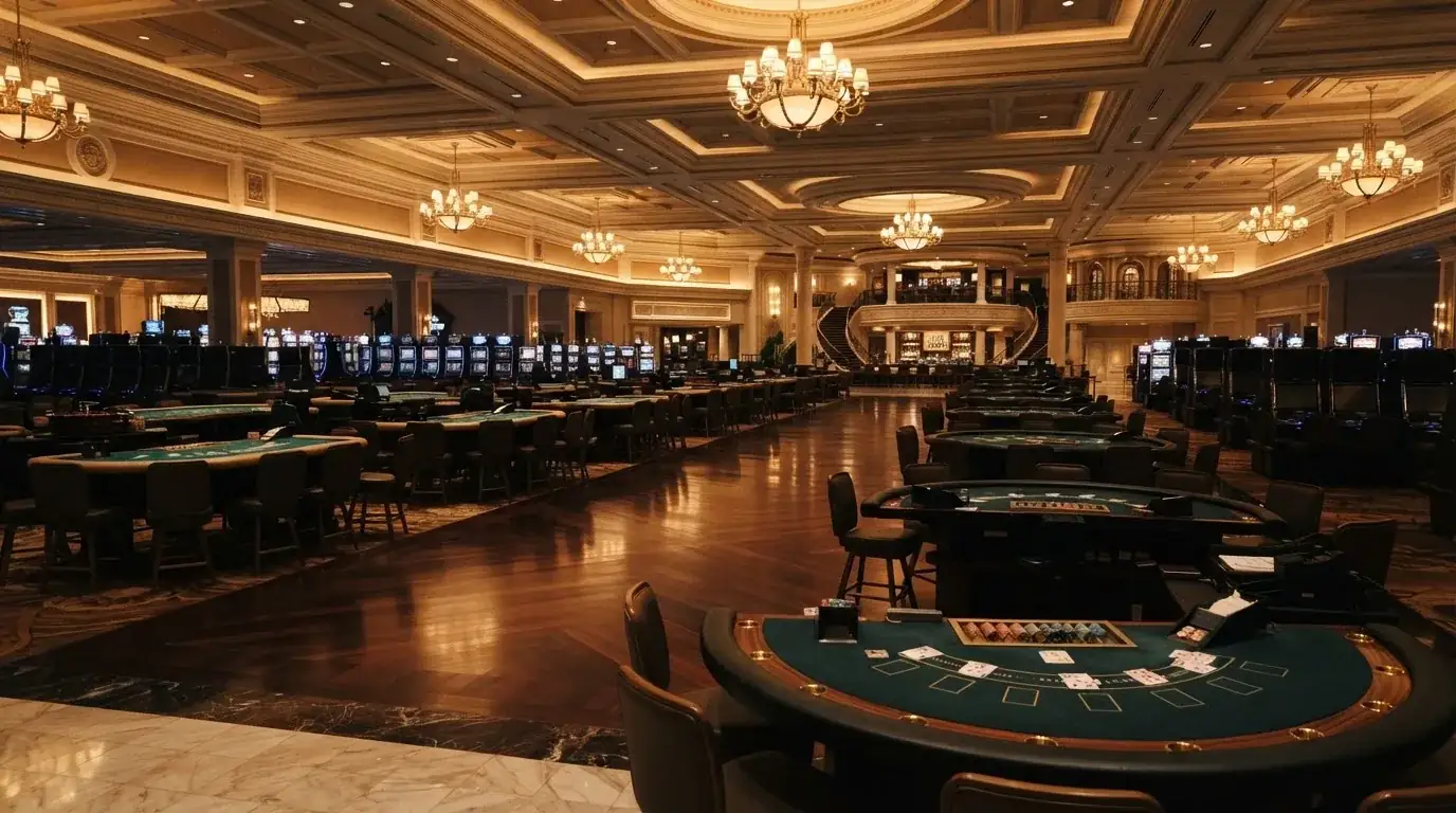 Weitwinkelaufnahme eines leeren, dezent beleuchteten Casino-Saals ohne Personen kurz vor der Öffnungszeit.