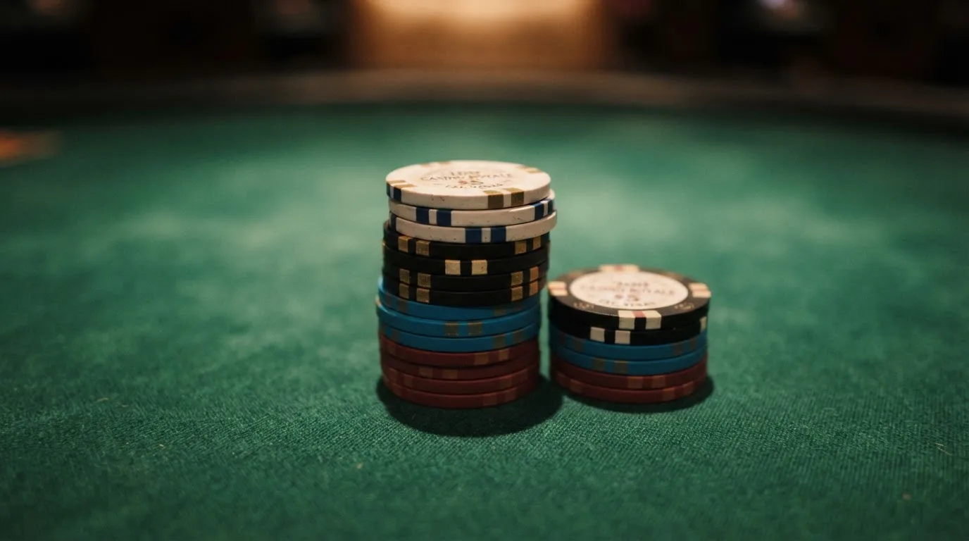 Nahaufnahme gestapelter Spielchips auf einem grünen Filztisch in warmem Kunstlicht, ohne erkennbare Symbole.