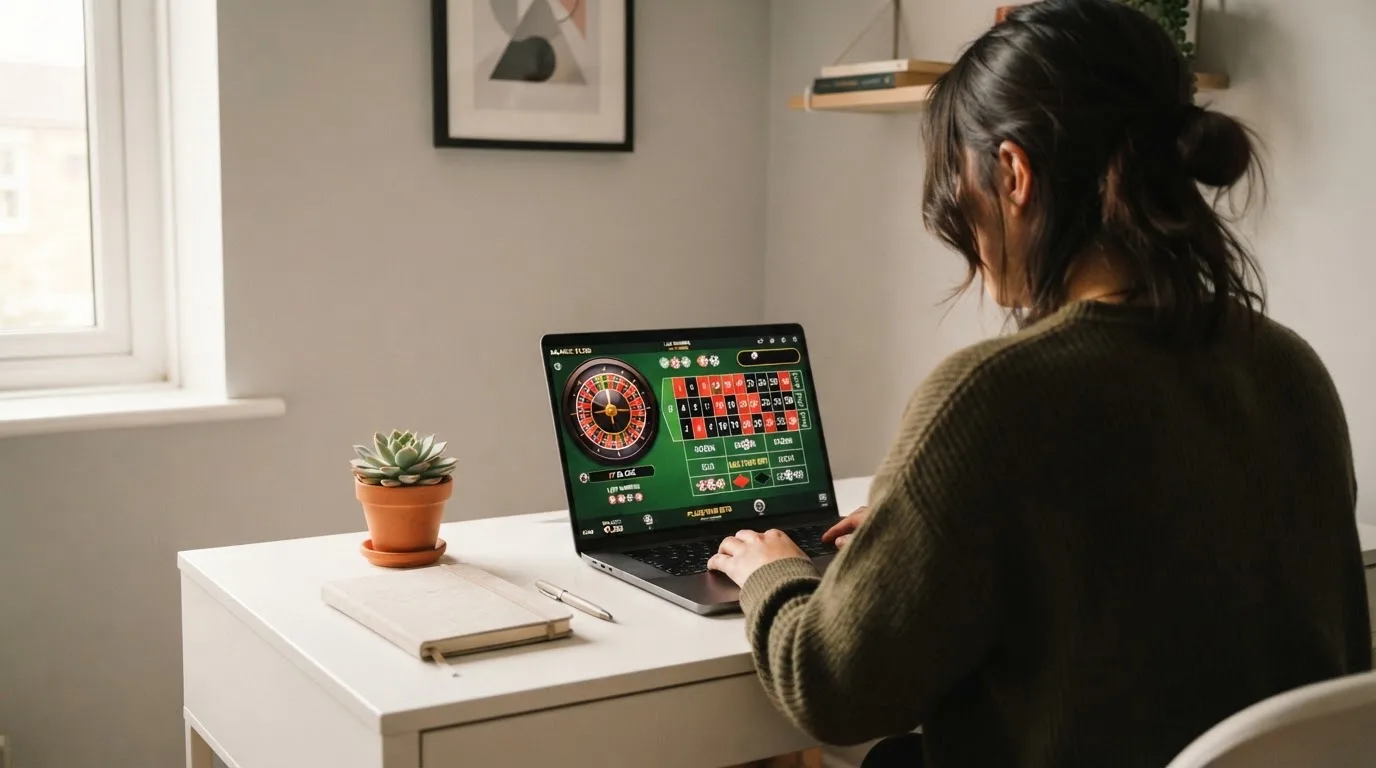Person am Laptop liest eine Übersichtsseite zu Glücksspielen im Internet — casino guthaben ohne einzahlung