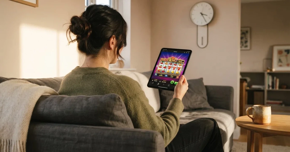 Person am Sofa schaut nachdenklich auf ein Tablet, im Hintergrund eine Uhr — casino guthaben ohne einzahlung