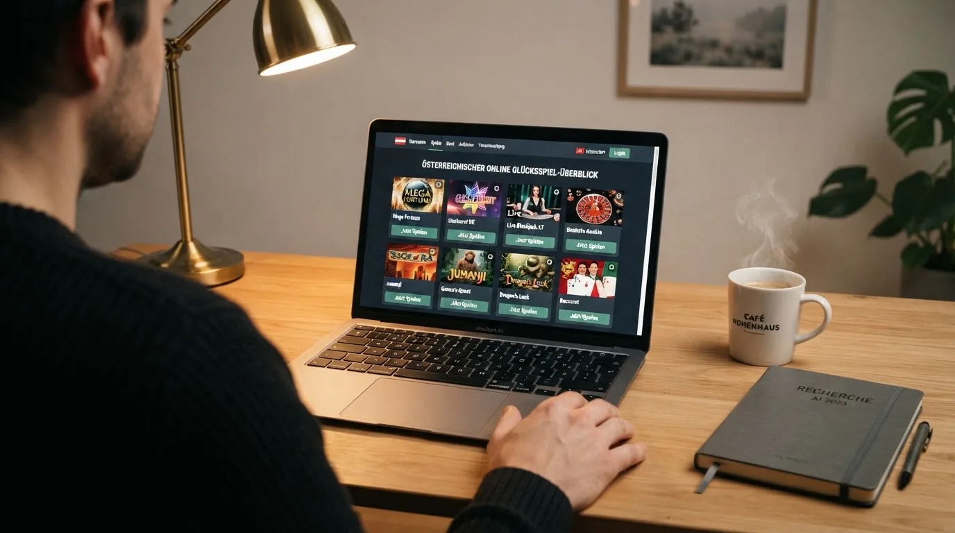 Person am Laptop liest eine Übersichtsseite zu Glücksspielen im Internet — casino online mit bonus ohne einzahlung