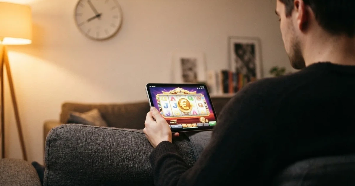 Person am Sofa schaut nachdenklich auf ein Tablet, im Hintergrund eine Uhr — casino online mit bonus ohne einzahlung