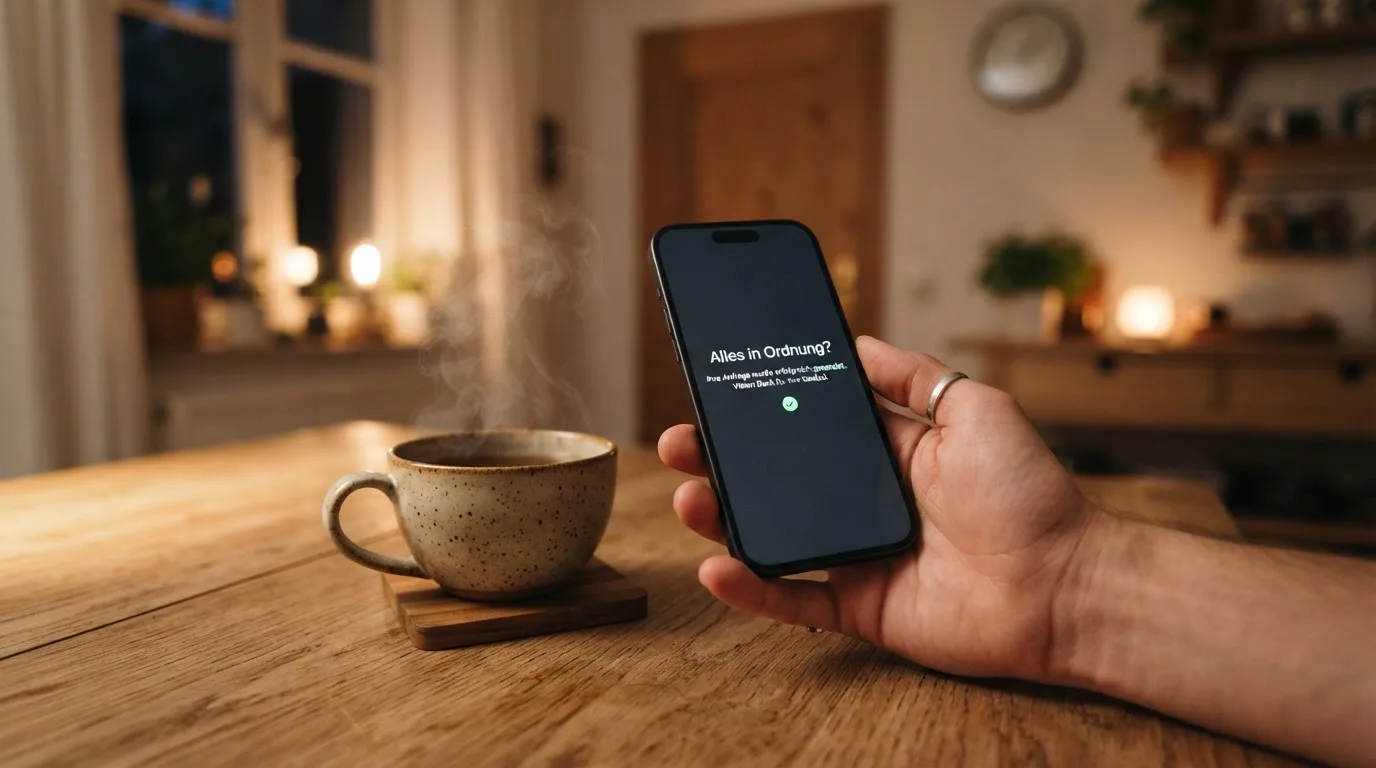 Hand hält ein Smartphone, daneben eine Tasse Tee, ruhige Abendstimmung am Küchentisch — freie 90 tage qualifikationszeitraum casino