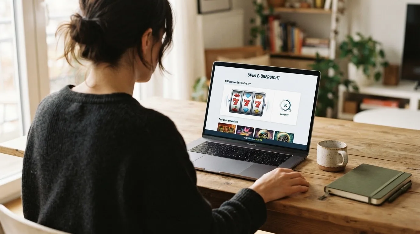 Person am Laptop liest eine Übersichtsseite zu Glücksspielen im Internet — online casino mit autoplay