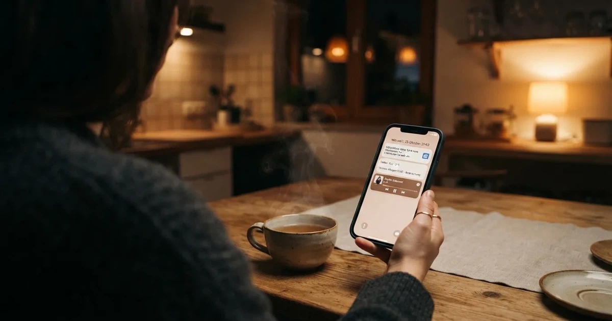 Hand hält ein Smartphone, daneben eine Tasse Tee, ruhige Abendstimmung am Küchentisch — online casino ohne auszahlungslimit