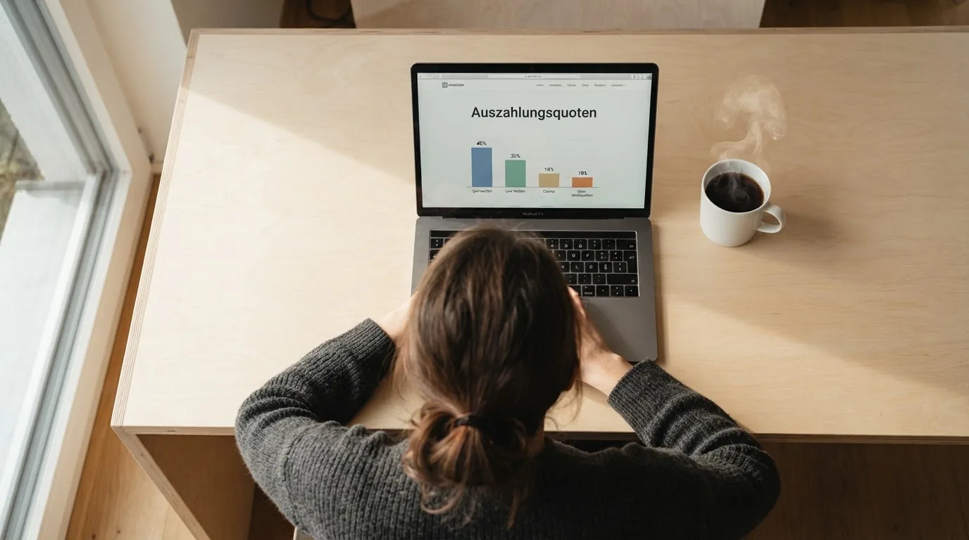 Person am Laptop liest eine Übersichtsseite zu Glücksspielen im Internet — online casino schnelle auszahlung